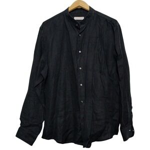 Luca Faloni Men's Size 45/18 Black Collarless‎ Long Sleeve Linen Shirt Preppy